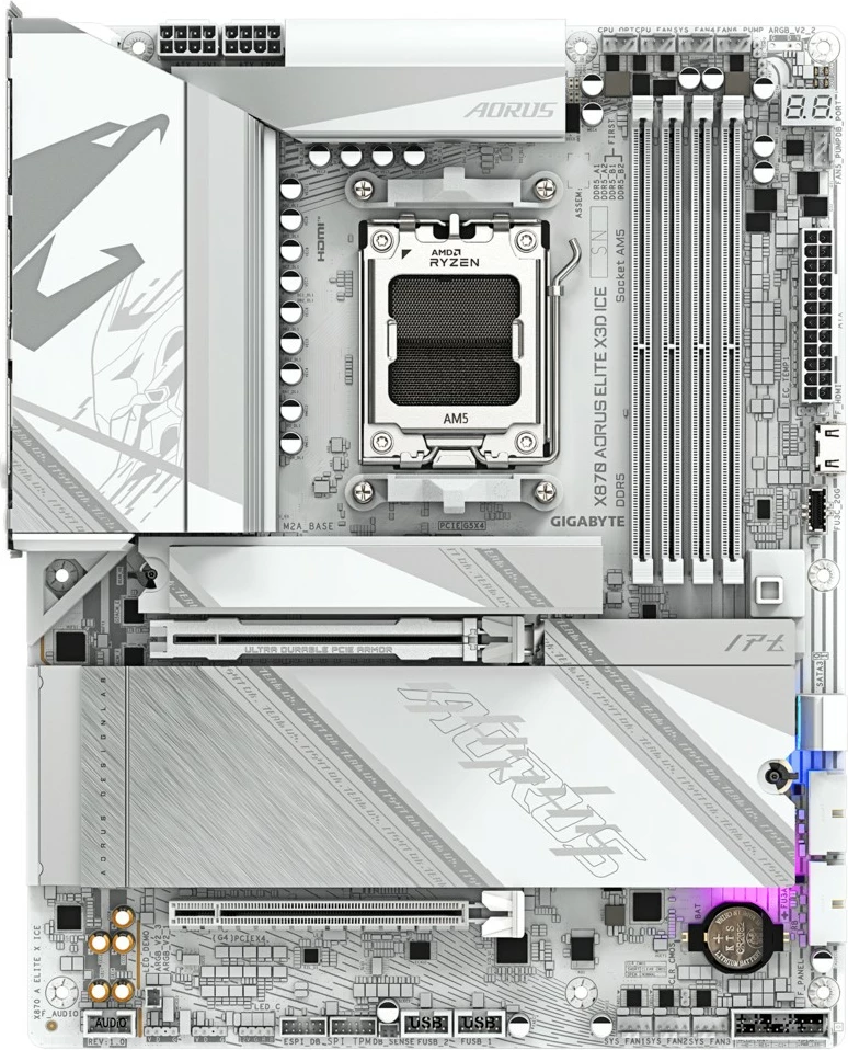 Pllakë amë, Gigabyte AORUS X870 AORUS ELITE X3D ICE, Socket AM5, 4x DDR5, PCIe 5.0 x16, 4x M.2, HDMI, USB4, Wi‑Fi 7, ATX, e bardhë