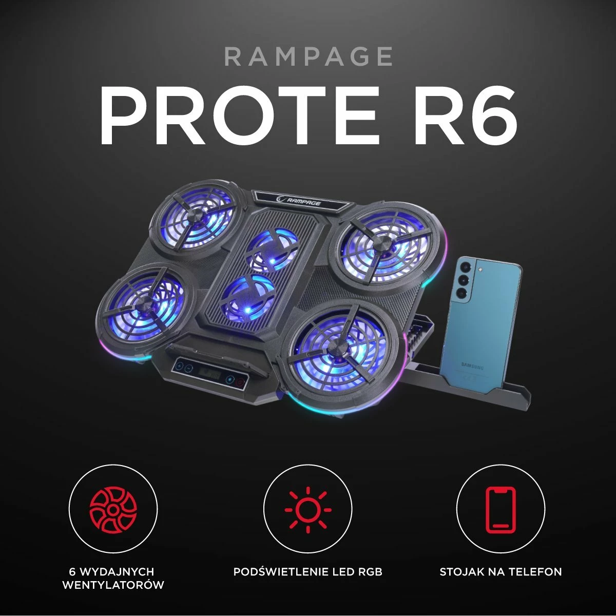 Bazë ftohëse për laptop Rampage Prote R6 10-17\", RGB, rregullueshme, 2x USB, e zezë