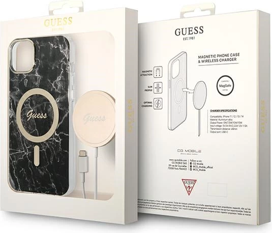 Set mbështjellës Guess Marble Collection me karikues wireless MagSafe për iPhone 14, 6.1", e zezë