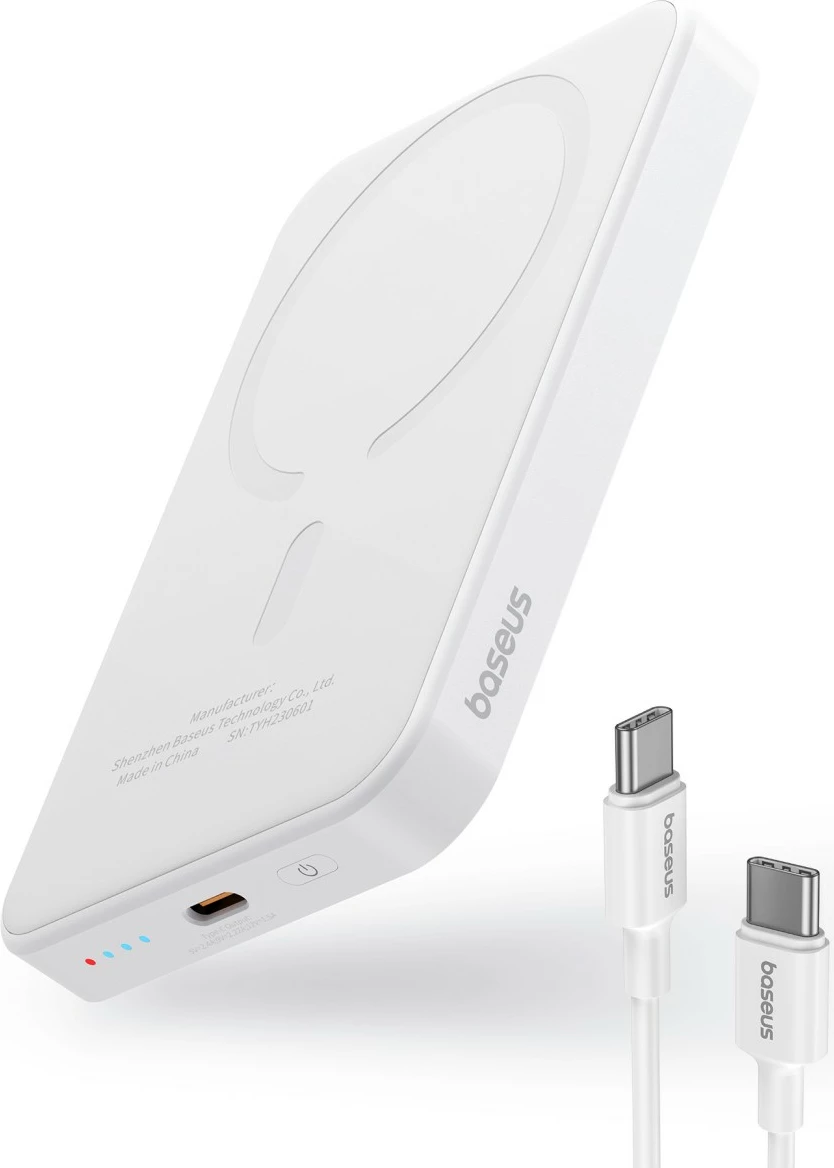 Power bank Baseus Magnetic Mini 5000mAh, 20W, me kabllo USB-C, Bardhë