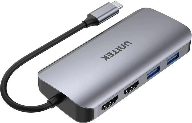 Hub UNITEK USB-C, 2x HDMI 4K, RJ45, PD 100W, Gri