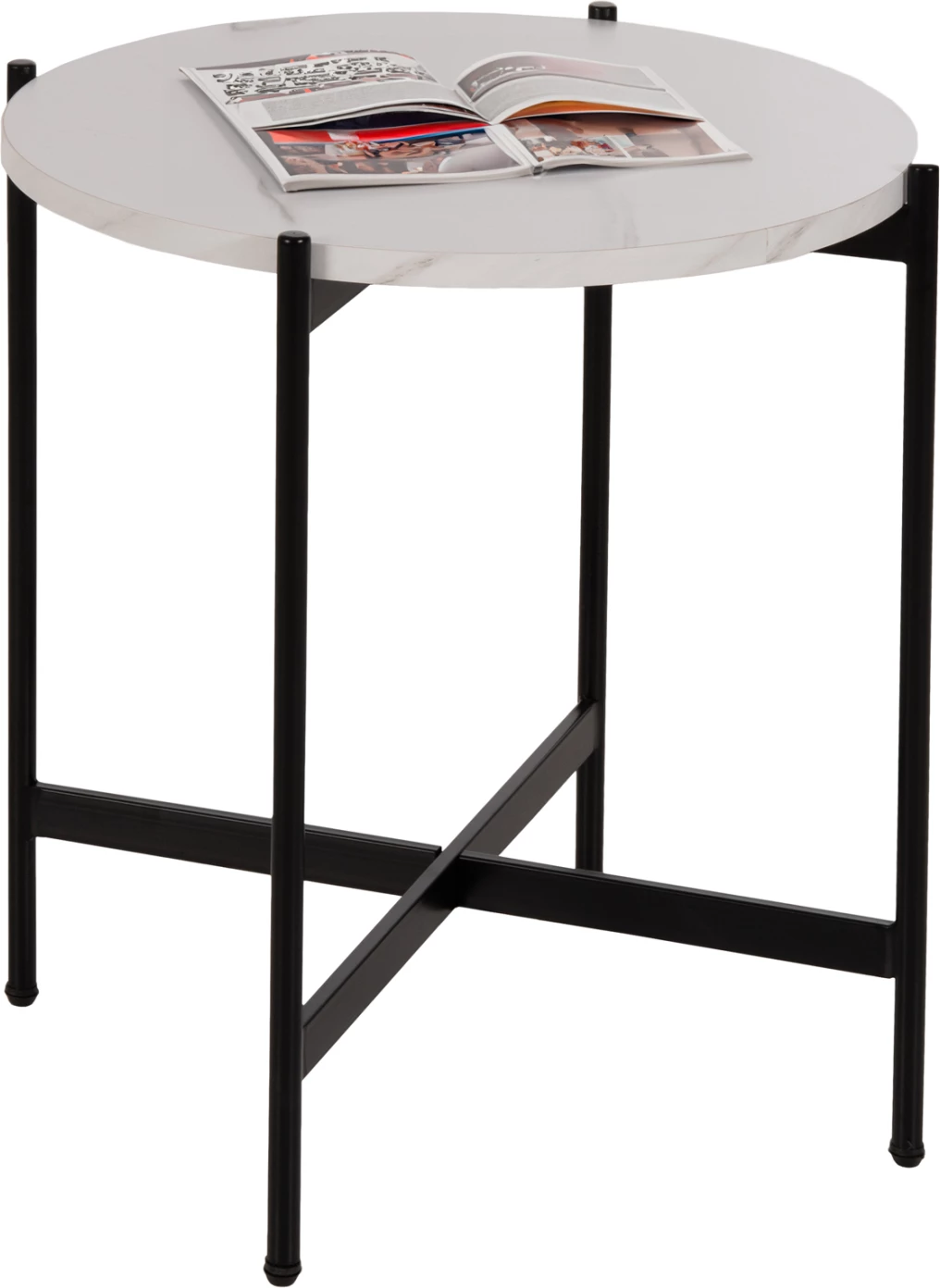 Tavolinë anësore FH9589.05 MDF mermer i bardhë-bazë metalike e zezë Φ50x55Hcm