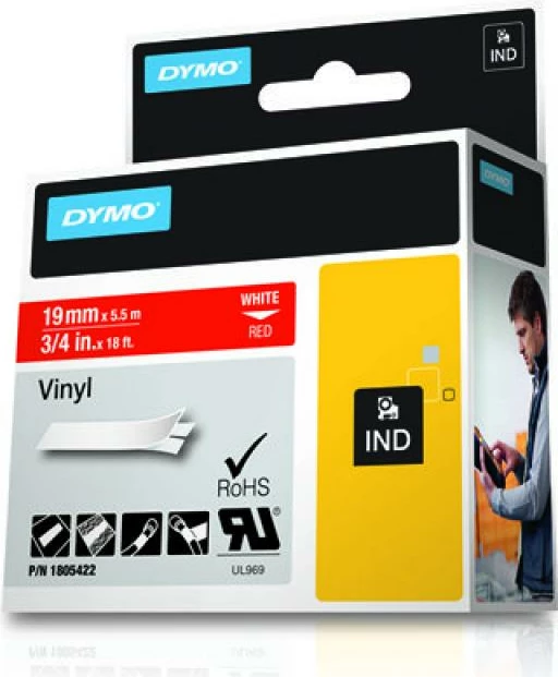 shirit etiketuese vinil Dymo Rhino Coloured Vinyl 1805422, rezistent për ambiente të brendshme/jashtme, e bardhë në të kuqe
