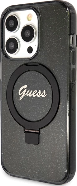 Mbështjellës Guess Ring Stand Script Glitter MagSafe për iPhone 15 Pro, i zi