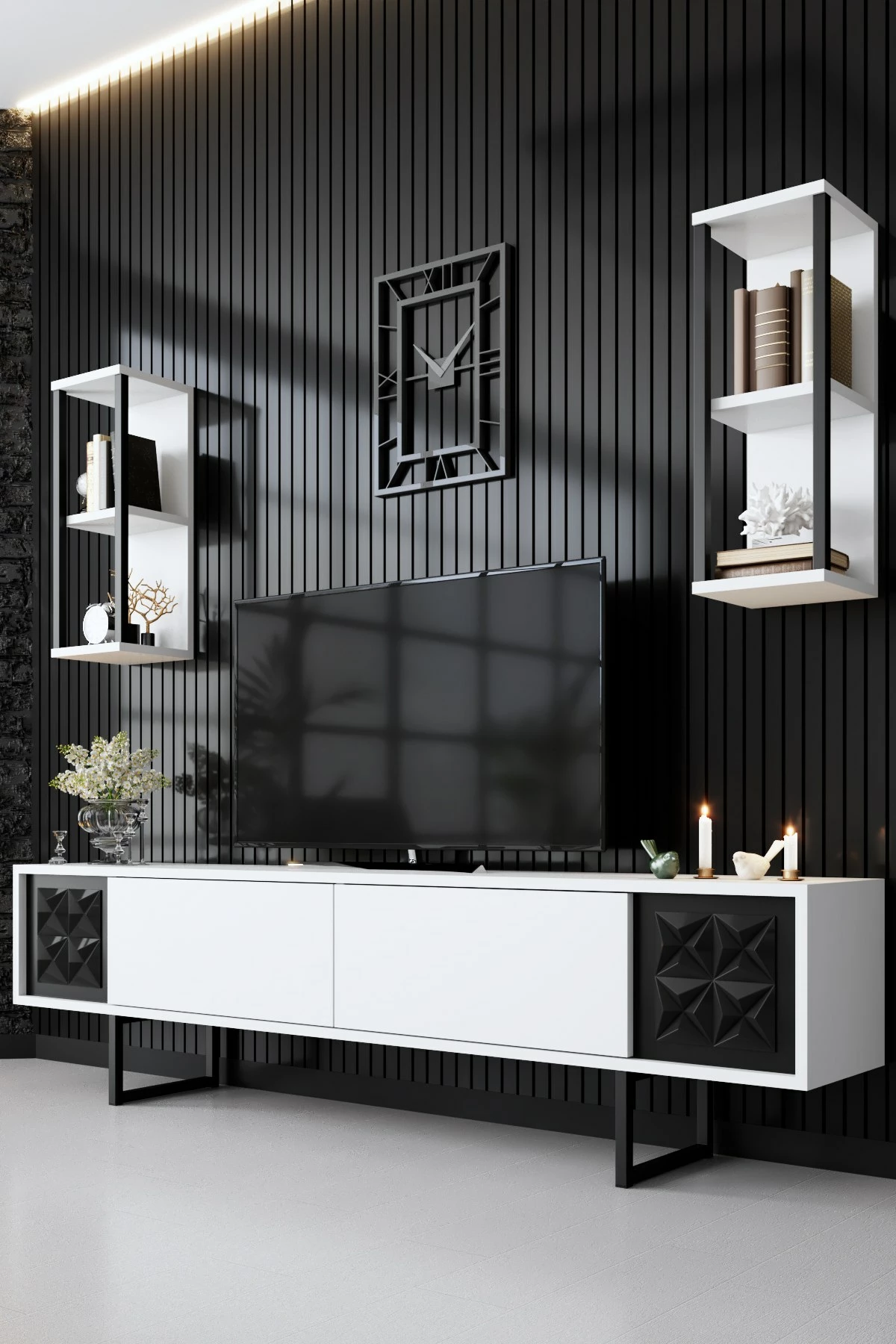 Komodë TV Skye Decor, vijë e zezë, e bardhë, e zezë