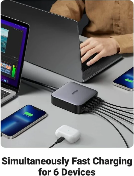 Karikues i shpejtë GaN II UGREEN 40914, 200W, 4x USB-C + 2x USB-A, PD/QC/PPS, e zezë/gri, set me kabllo rryme 2m + USB-C në USB-C 1m