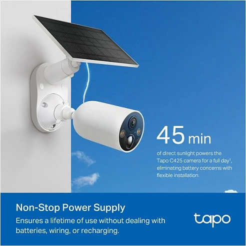 Kamerë sigurie TP-Link Tapo C425 + panel solar A201, 2K QHD, Wi‑Fi, IP66, e bardhë