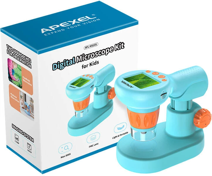 Mikroskop digjital për fëmijë Apexel APL-MS201, 800x, ekran 2 inç, Blu