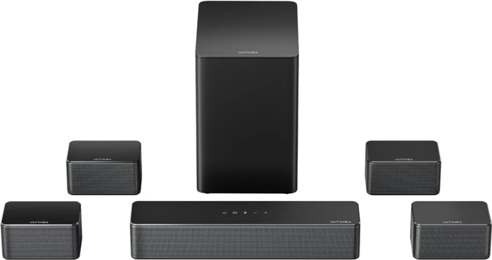 Soundbar Ultimea Poseidon D70 7.1 410W Bluetooth 5.3, set me subwoofer wireless + 4 altoparlantë satelitë, e zezë