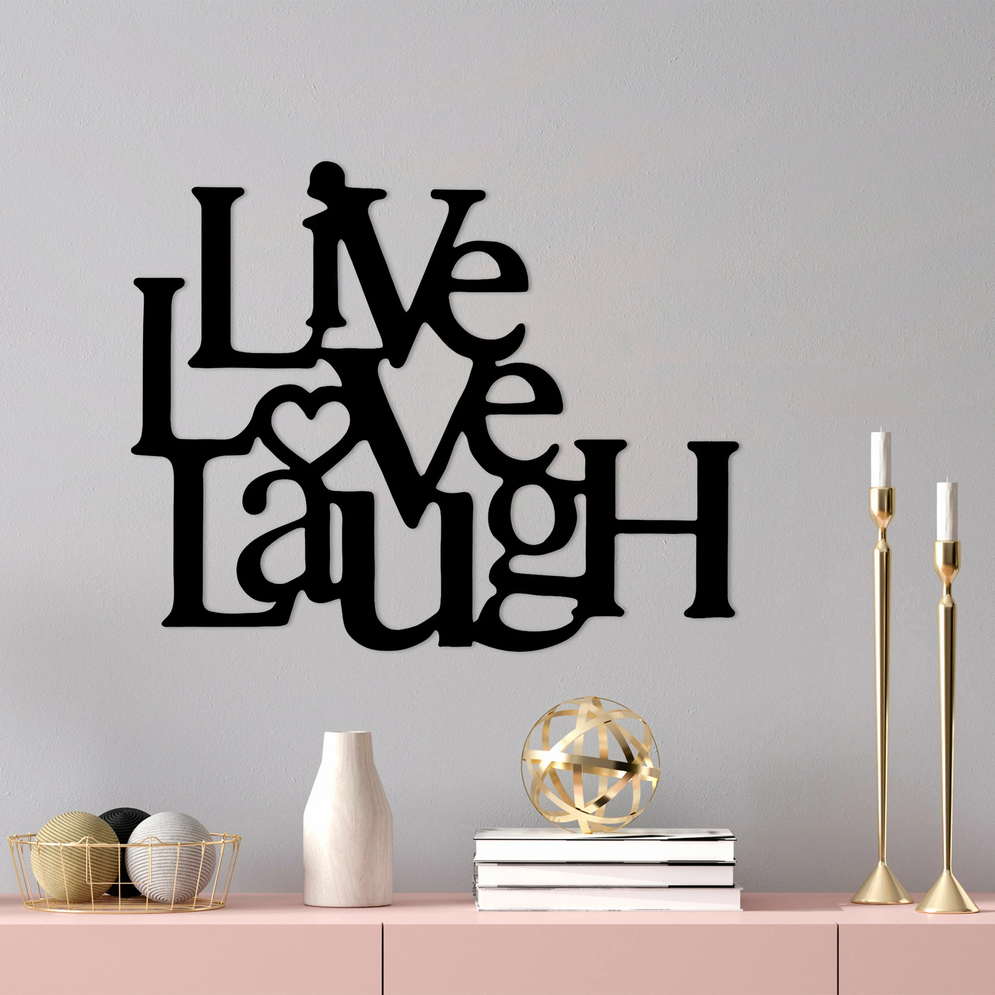 Aksesor dekorativ metalik për mur Wallity, Live-Love-Laugh, ngjyrë e zezë