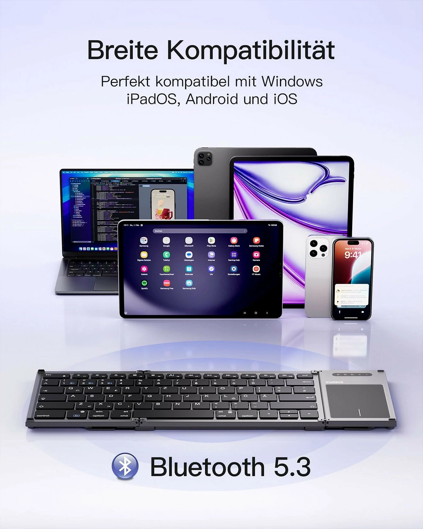Tastierë për tablet inateck Tablet Keyboard QWERTZ, Bluetooth 5.3, me touchpad, USB-C, e zezë
