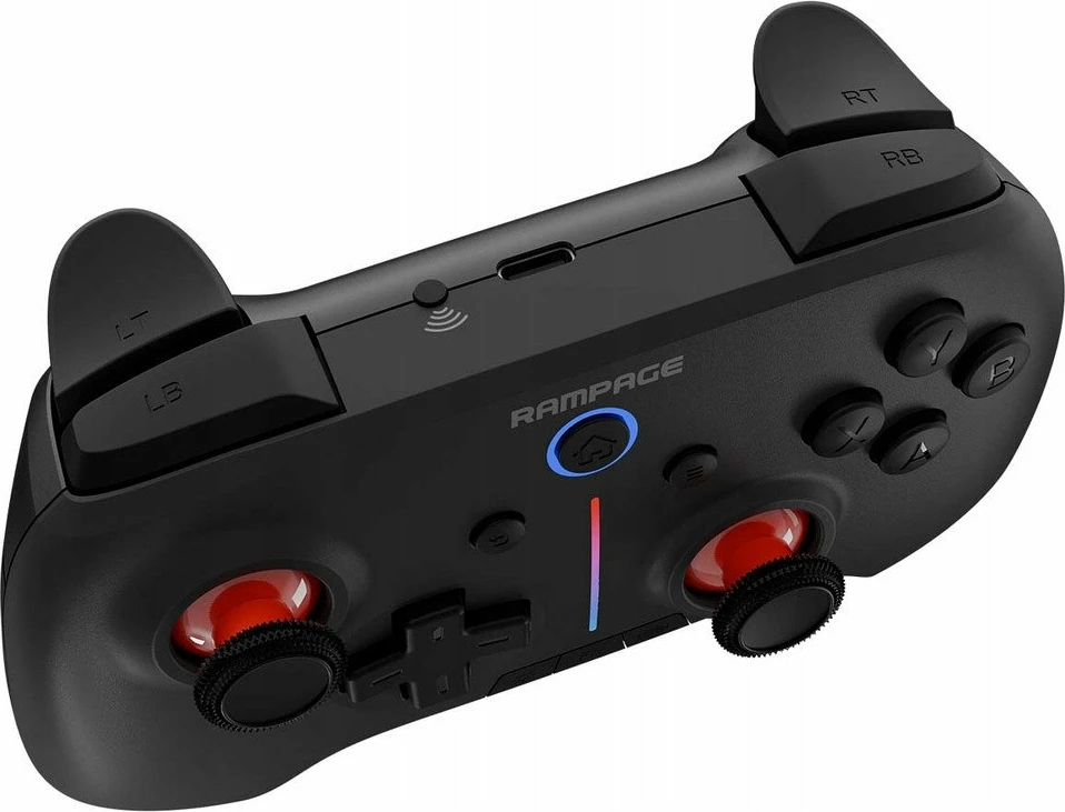 Kontroller lojërash Rampage Hydra Pro (HYDRAPRO-BLACK), RGB, Bluetooth/2.4GHz/USB, me stacion karikimi, i zi