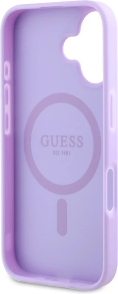 Mbështjellës Guess Saffiano Peony Classic Logo MagSafe për iPhone 16, vjollcë