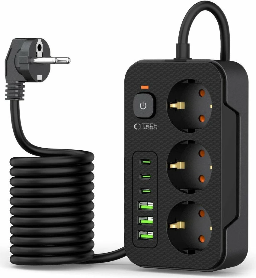 Zgjatues rryme Tech-Protect PC3X6, 3 priza Schuko, 6 USB (3x USB-A + 3x USB-C), kabllo 2 m, i zi