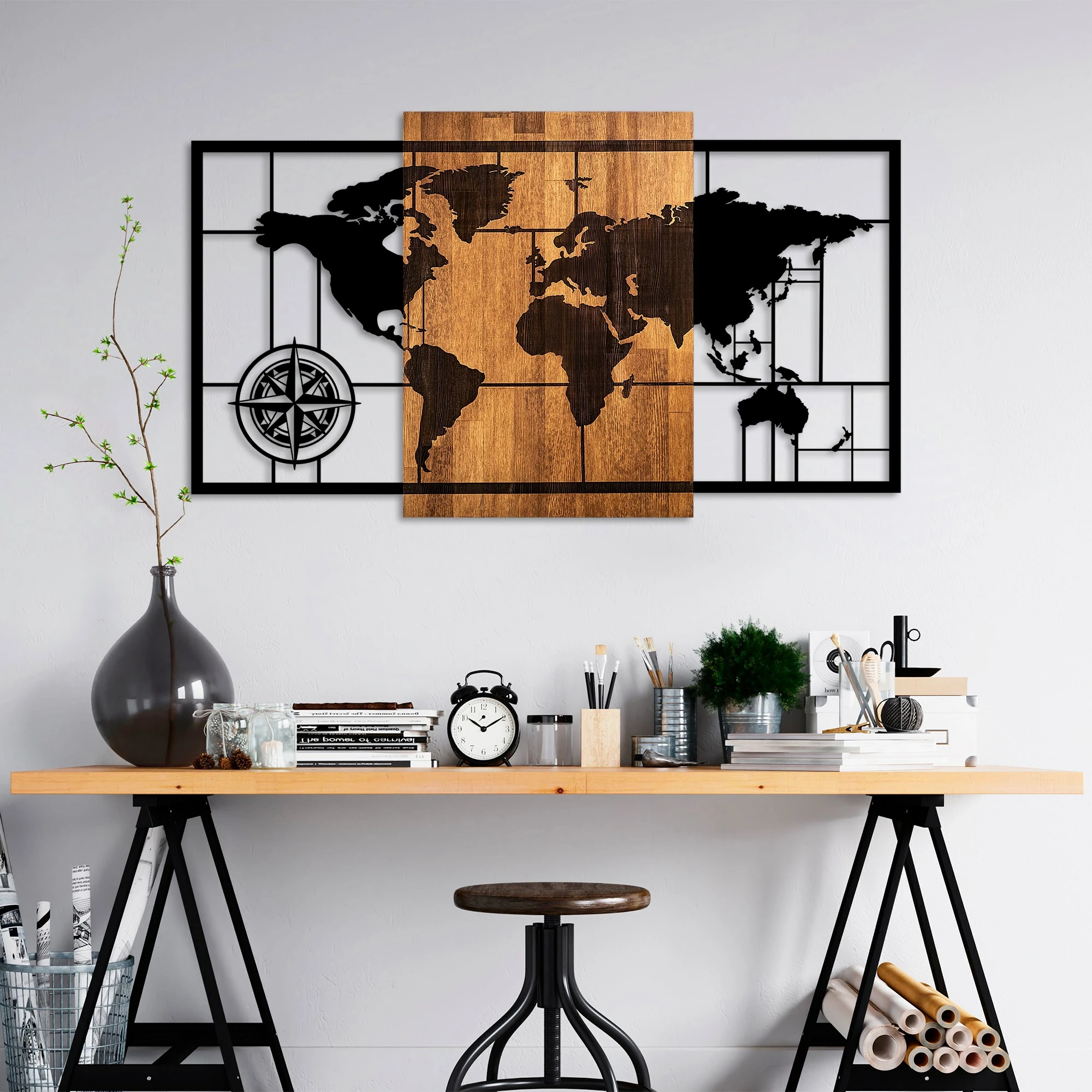 Aksesor dekorativ për mur, hartë bote, dru dhe metal, ngjyrë arre dhe e zezë, 70x121cm