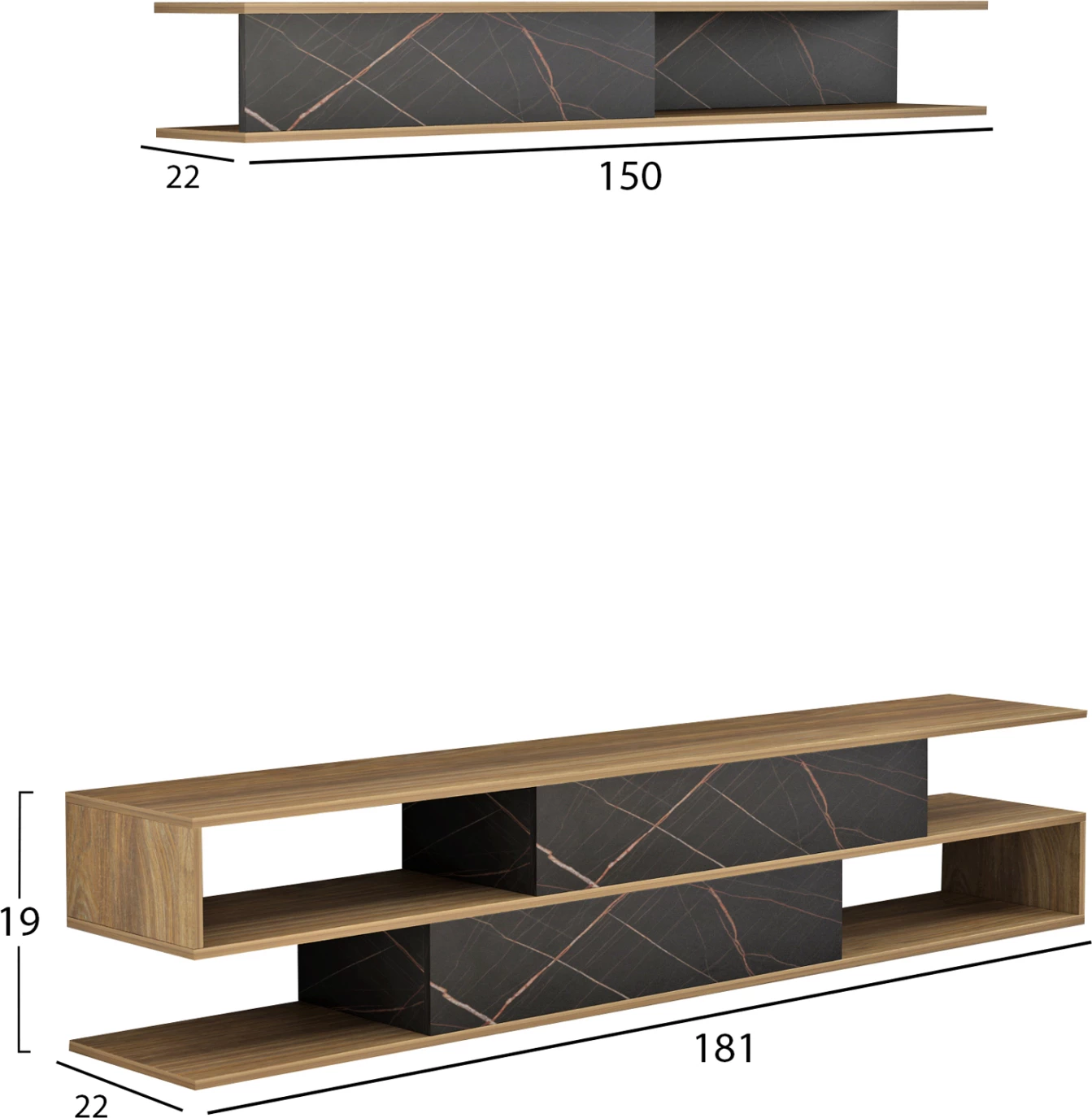 Kompleti i mobiljeve për TV, BIRGITTA, FH8903.12, melaminë, natyrale-mermer i zi, 181x31,5x39,6H cm