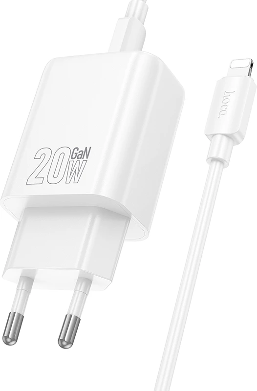 Karikues HOCO N61 GaN PD 20W, USB-A + USB-C, me kabllo Type-C to Lightning 1 m, i bardhë