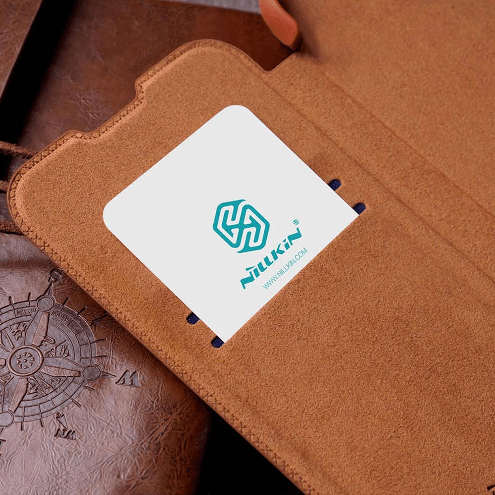 Mbështjellës me kapak NILLKIN QIN Pro për Samsung Galaxy A54, me mbrojtje kamere, me xhep karte, kafe