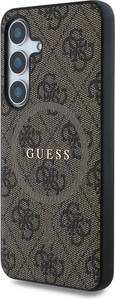 Mbështjellës Guess Leather 4G Colored Ring Classic Logo MagSafe për Samsung Galaxy S25, Kafe