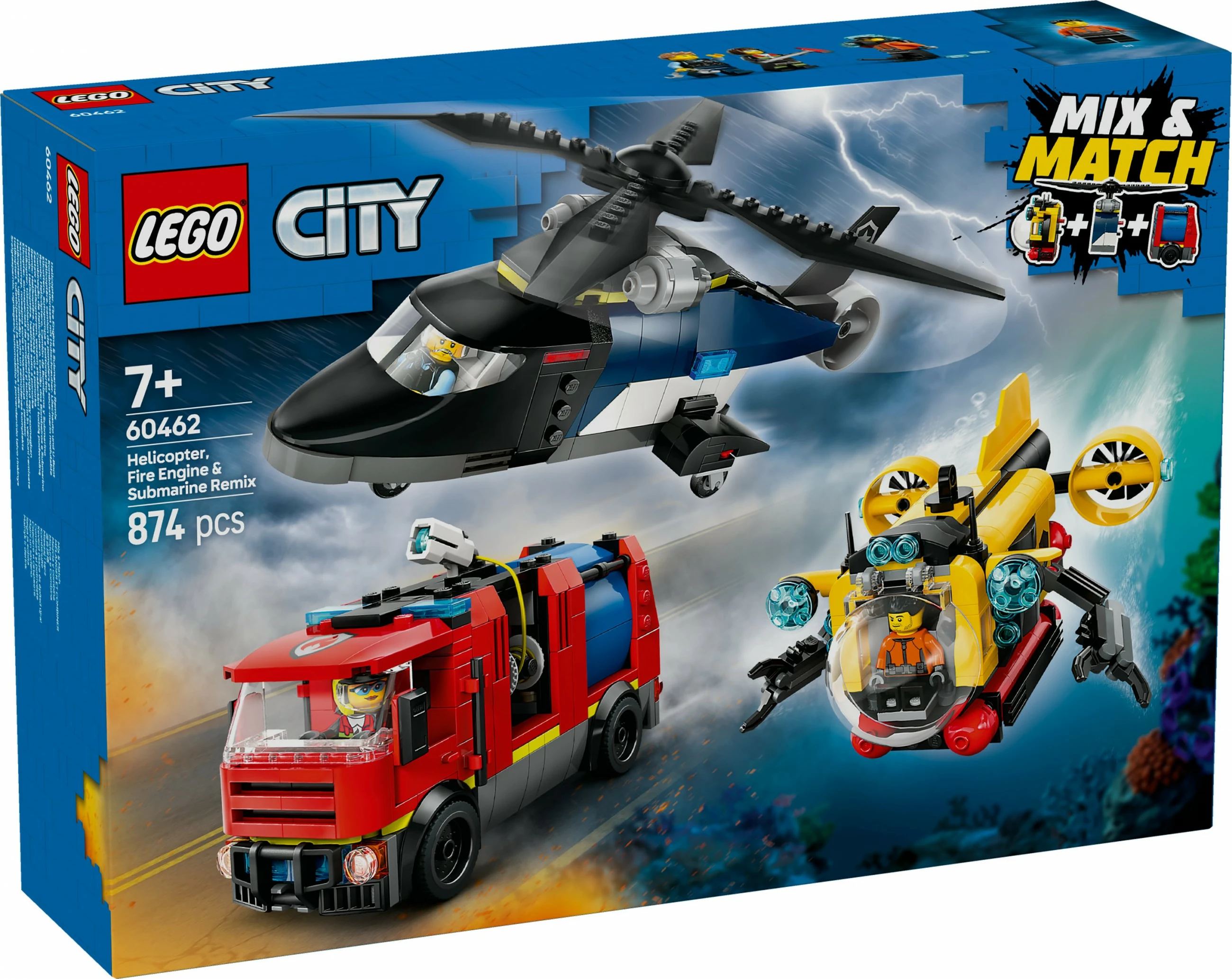 Set ndërtimi LEGO City 60462, helikopter, kamion zjarrfikës, nëndetëse, 874 pjesë, multingjyrësh