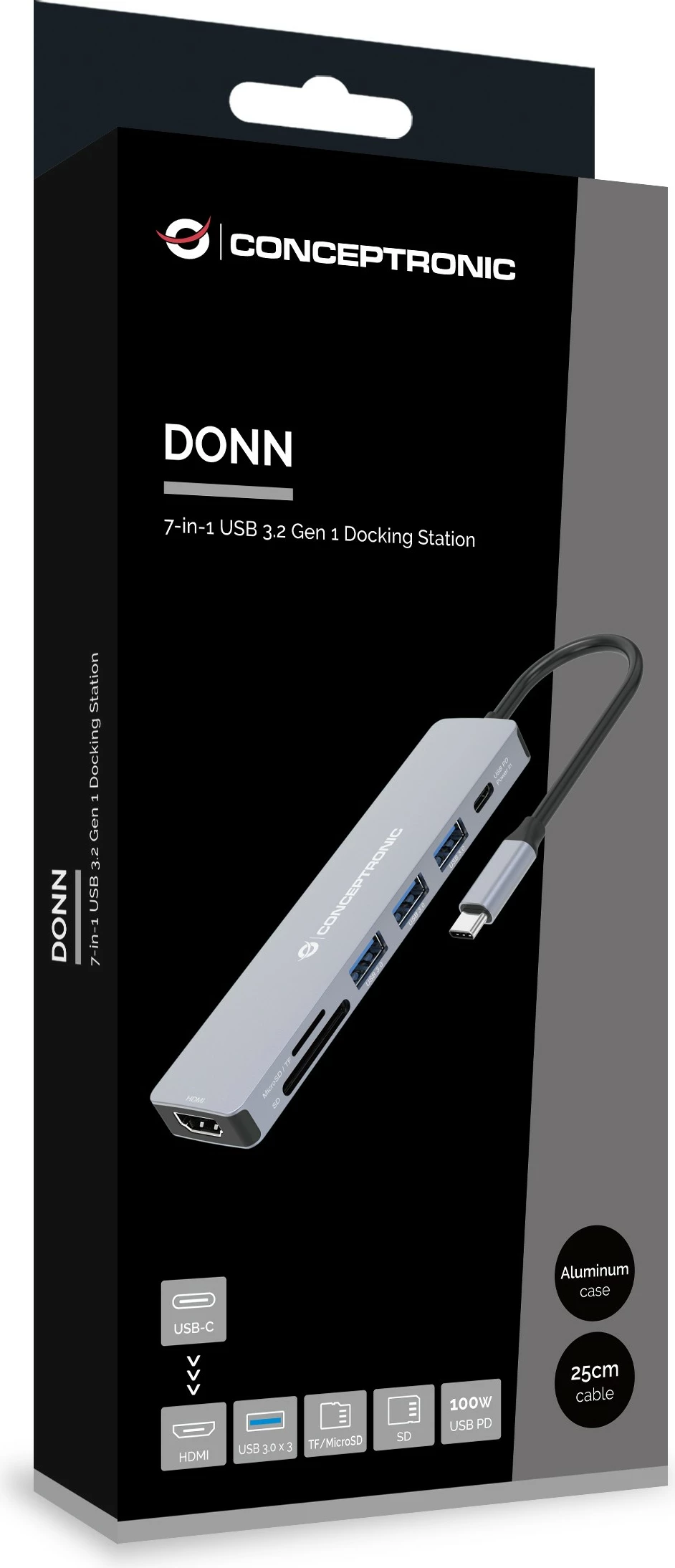 Stacion dokimi Conceptronic 7-1, USB-C në HDMI/3xUSB-A/SD/TF, 25cm, gri