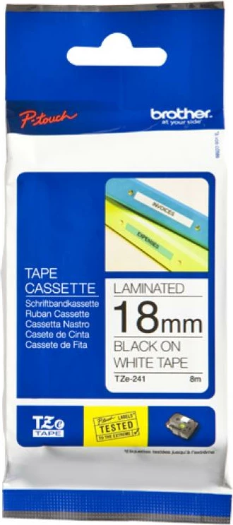 Kasetë shirit etiketimi Brother TZe-241, e laminuar, 18 mm, tekst i zi në të bardhë