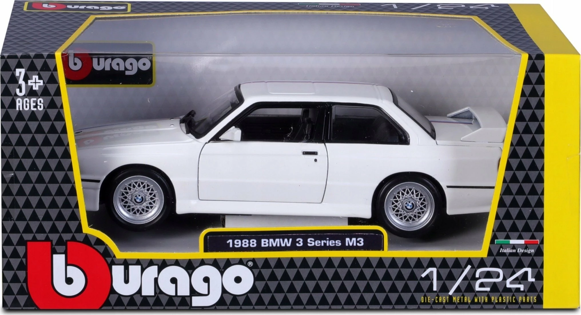 Model makine Bburago BMW 3 Series M3 1988 (E30) 1:24, metal, dyer të lëvizshme, 18.5 cm, e bardhë