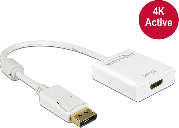 Adapter DisplayPort në HDMI DeLOCK 62608, 0.2 m, 4K, aktiv, i bardhë