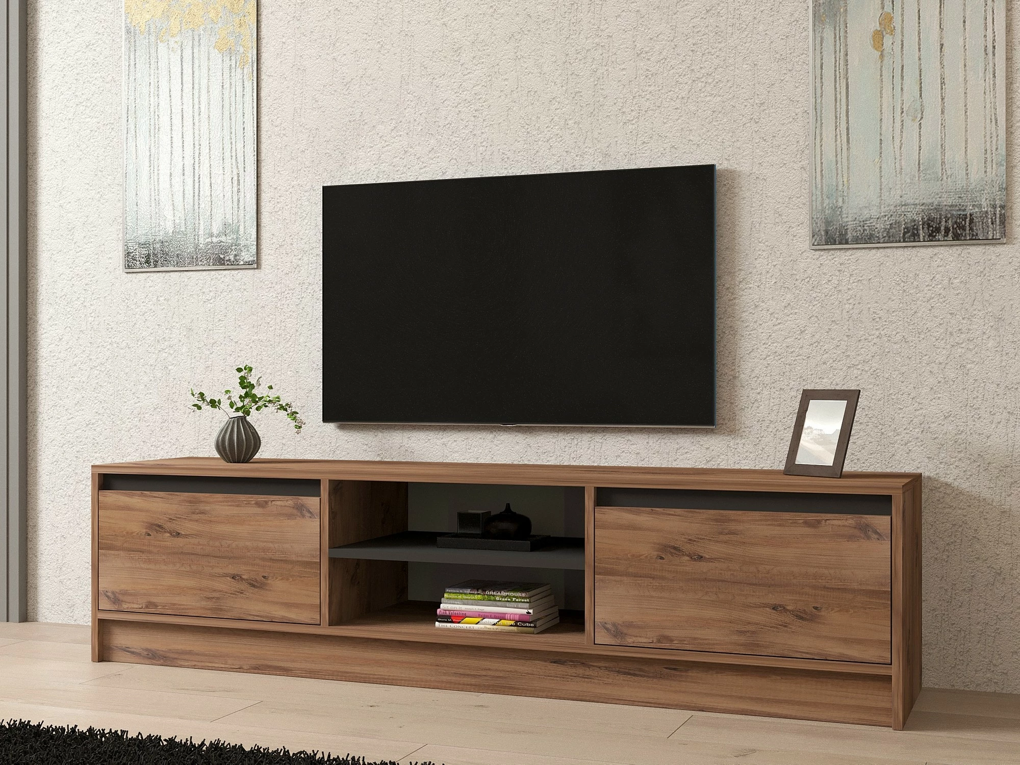 Komodë TV Hanah Home, ngjyrë pishe atlantike dhe antracit