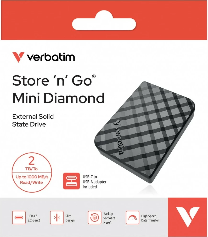 Disk SSD i jashtëm Verbatim Store 'n' Go Mini Diamond 32026 2TB USB-C (USB 3.2 Gen 2) 1000MB/s, i zi