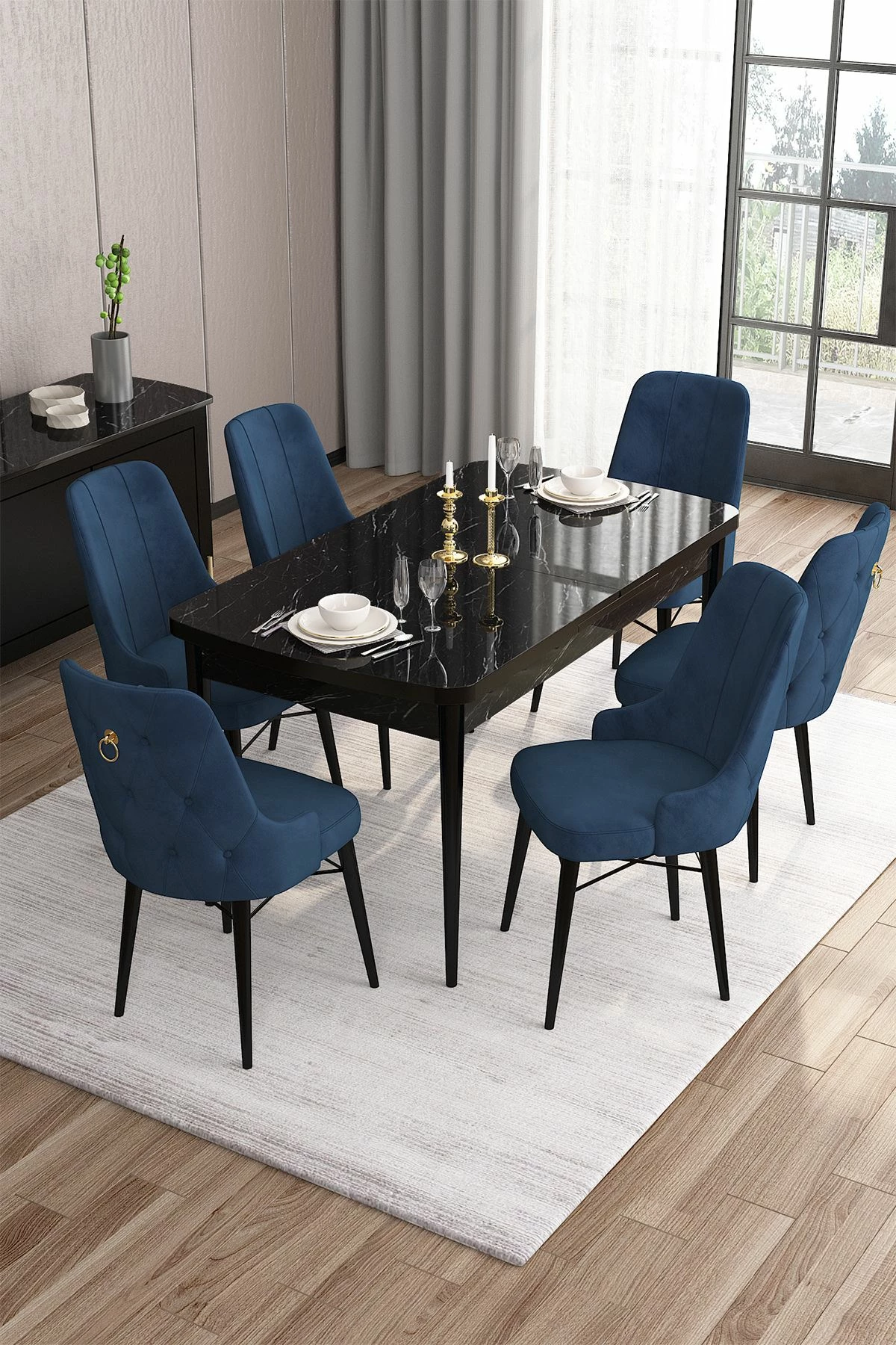 Set tavoline me karrige për ngrënie (7 copë), ngjyrë mermeri të zi, blu e errët, Skye Decor