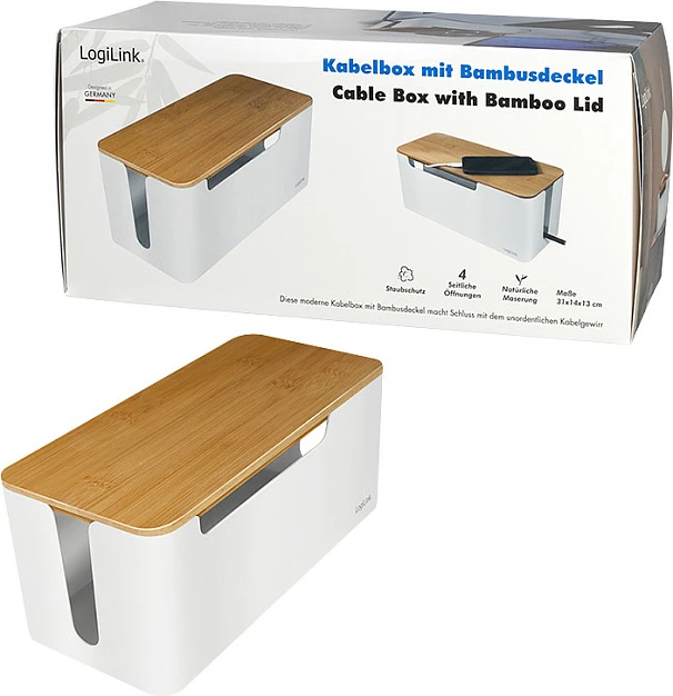 Kuti për kabllo LogiLink KAB0075, kapak bambuje, 310x140x130 mm, e bardhë/druri