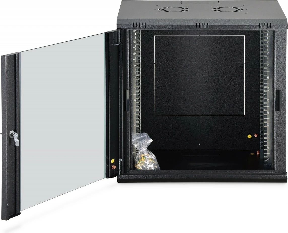 Kabinet rrjeti i montueshëm në mur, Digitus DN-37109, 19" 12U, 607x600x450mm, derë xhami, 60kg, i pa-montuar, e zezë