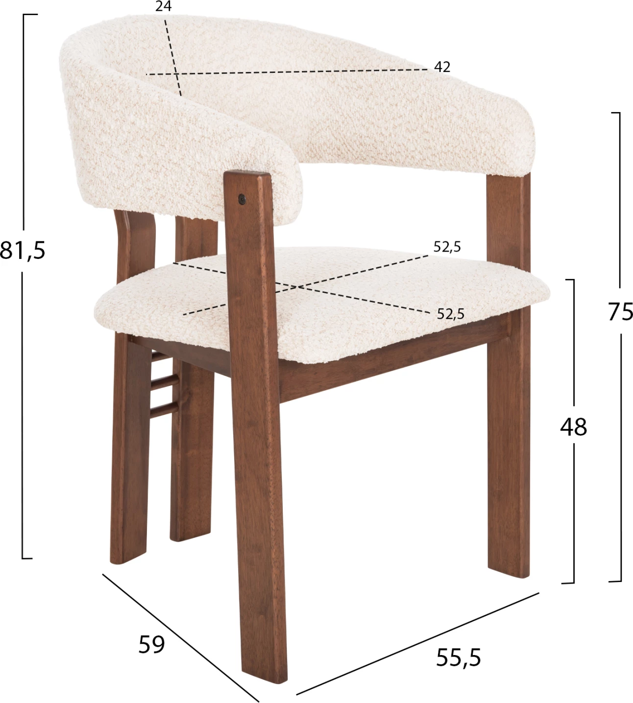Karrige për ngrënie ZARRA FH9970.03, dru gome, ngjyrë arre, pëlhurë boucle ecru, 55,5x59x81,5H cm, set prej 2 copash