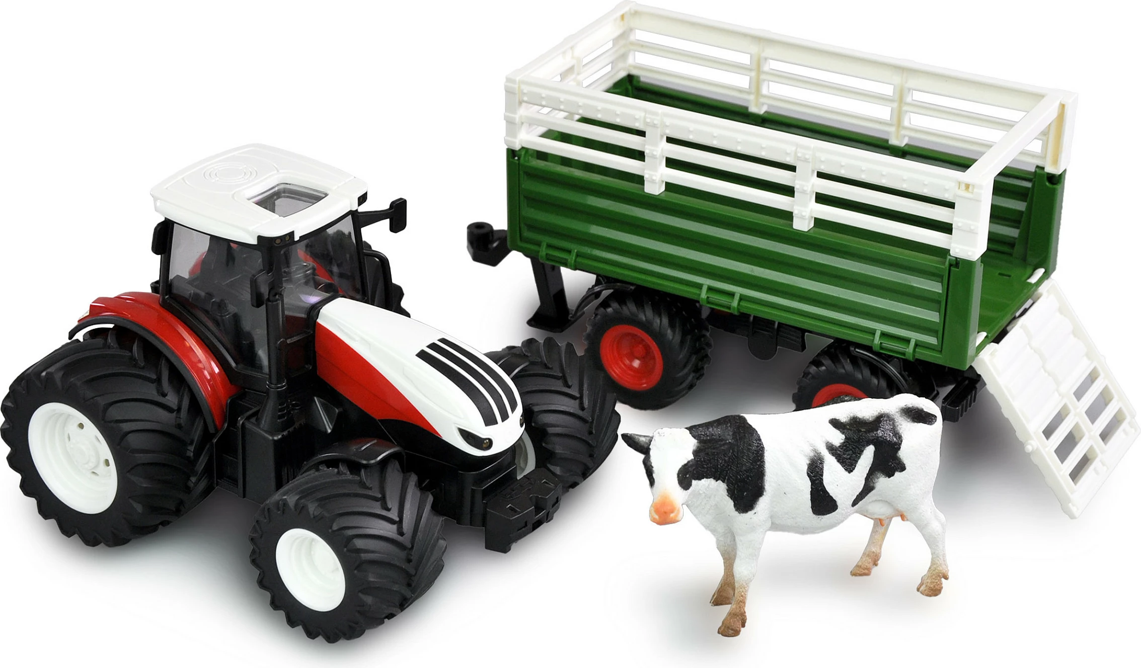 Traktor lodër RC AMEWI 22601, 1:24, 2.4 GHz, bateri 500 mAh, me drita, kuq/bardhë/zi + rimorkio e gjelbër