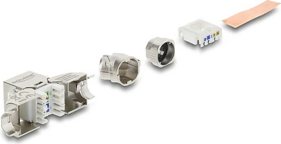 Modul Keystone DeLOCK RJ45 në LSA Cat6A, 45° i anuar, i mbrojtur, argjend/bardhë