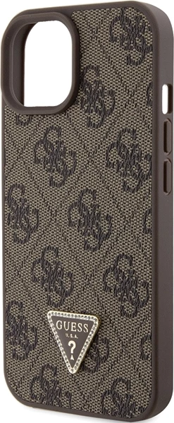 Mbështjellës Guess Leather 4G Triangle Strass për iPhone 15, Kafe