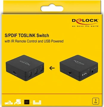 Switch optik audio S/PDIF TOSLINK DeLOCK, 3 hyrje 1 dalje, me telekomandë IR, USB, i zi
