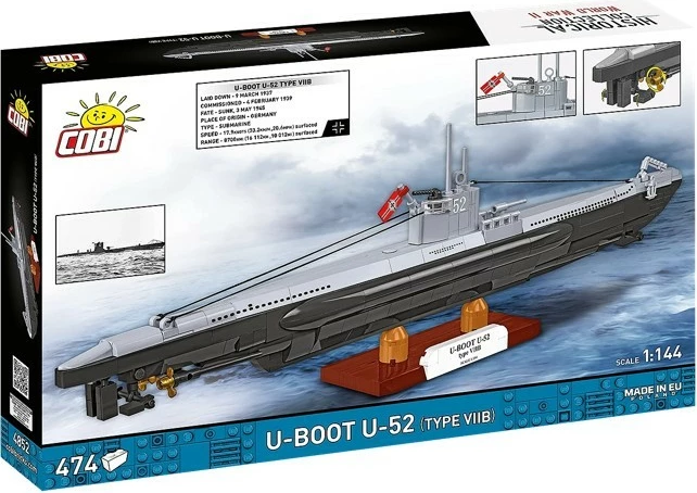 Set blloqesh ndërtimi, Cobi, U-Boat U-52 Type VIIB 4852, 474 elemente, shkallë 1:144, gjatësi 46 cm