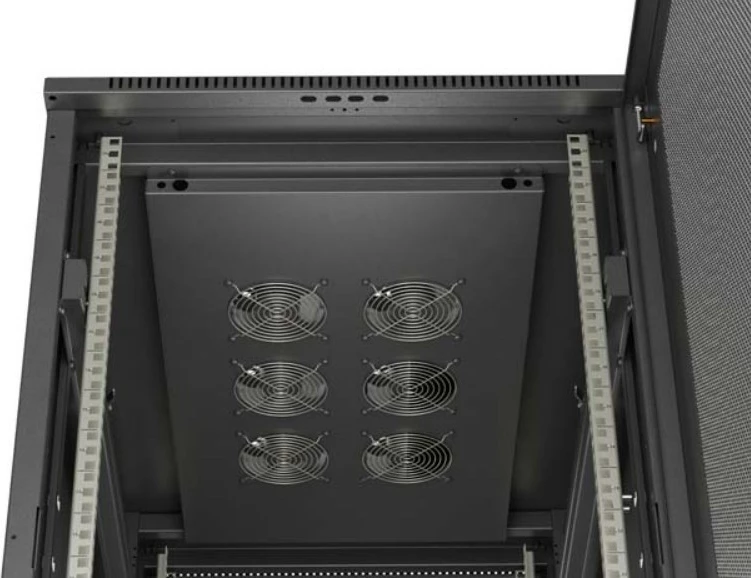 Kabinet rack qëndrimor 19" Lanberg FF01-6022-23B 22U, ngarkesë 800 kg, derë e perforuar, panel me 6 ventilatorë, Flat Pack, e zezë