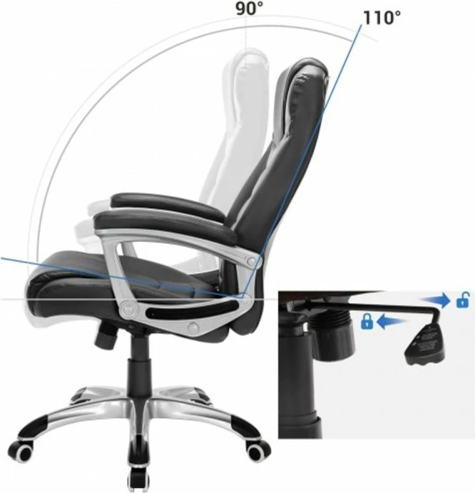 Karrige zyre SONGMICS OBG21BV1, PU, mbajtje 150 kg, rregullim lartësie 47–56.5 cm, bazë 70 cm, e zezë, set me aksesorë