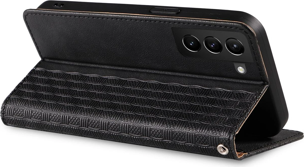 Mbështjellës Hurtel Magnet Strap Case për Samsung Galaxy S22+, me portofol, litar dore, e zezë