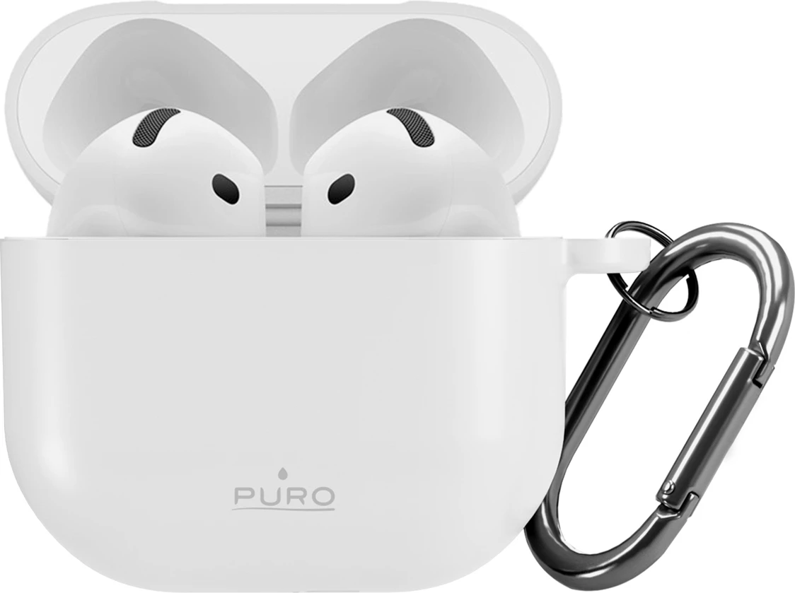 Mbështjellës silikoni për AirPods Puro Icon për AirPods 4, me karabinë, i bardhë