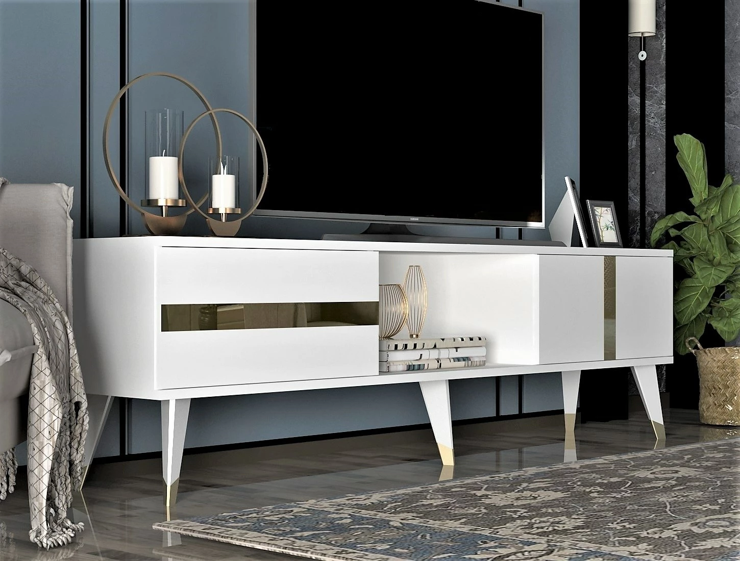 Komodë TV Hanah Home, Vania, e bardhë dhe ari