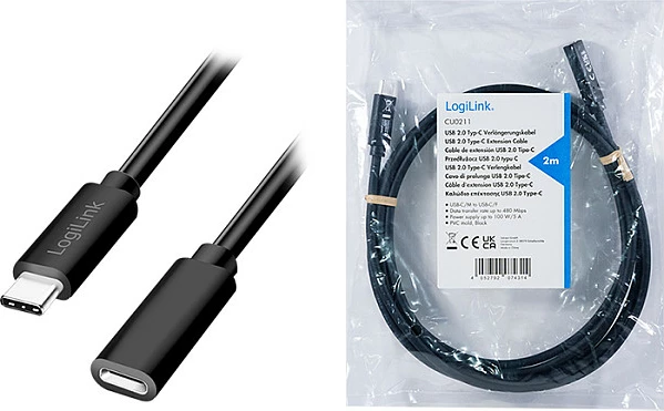 Kabllo USB-C LogiLink, USB 2.0 C/M në C/F, 2 m, 100 W, 480 Mbps, e zezë