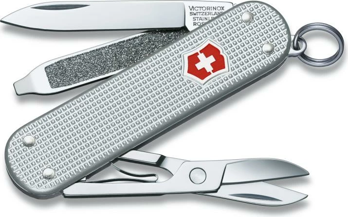 Thikë xhepi shumëfunksionale Victorinox Classic Alox 0.6221.26, 65 mm, me teh, gërshërë, limë thonjsh me kaçavidë, unazë çelësash, argjend