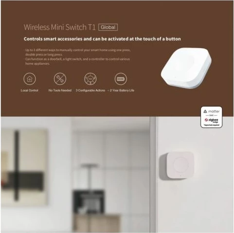 Switch mini wireless AQARA T1 WB-R02D, Zigbee 3.0, bateri CR2032, bardhë