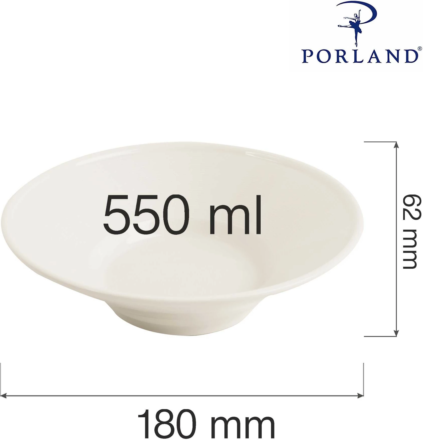 Tas porcelani Porland Line 180mm 550ml, krem, set 6 copë