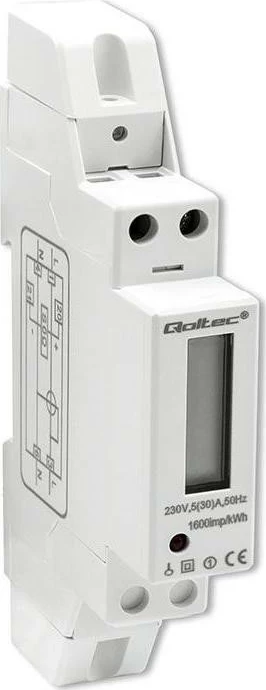 Matës energjie Qoltec 1P, 230V, 30A, LCD, për shinë DIN, i bardhë