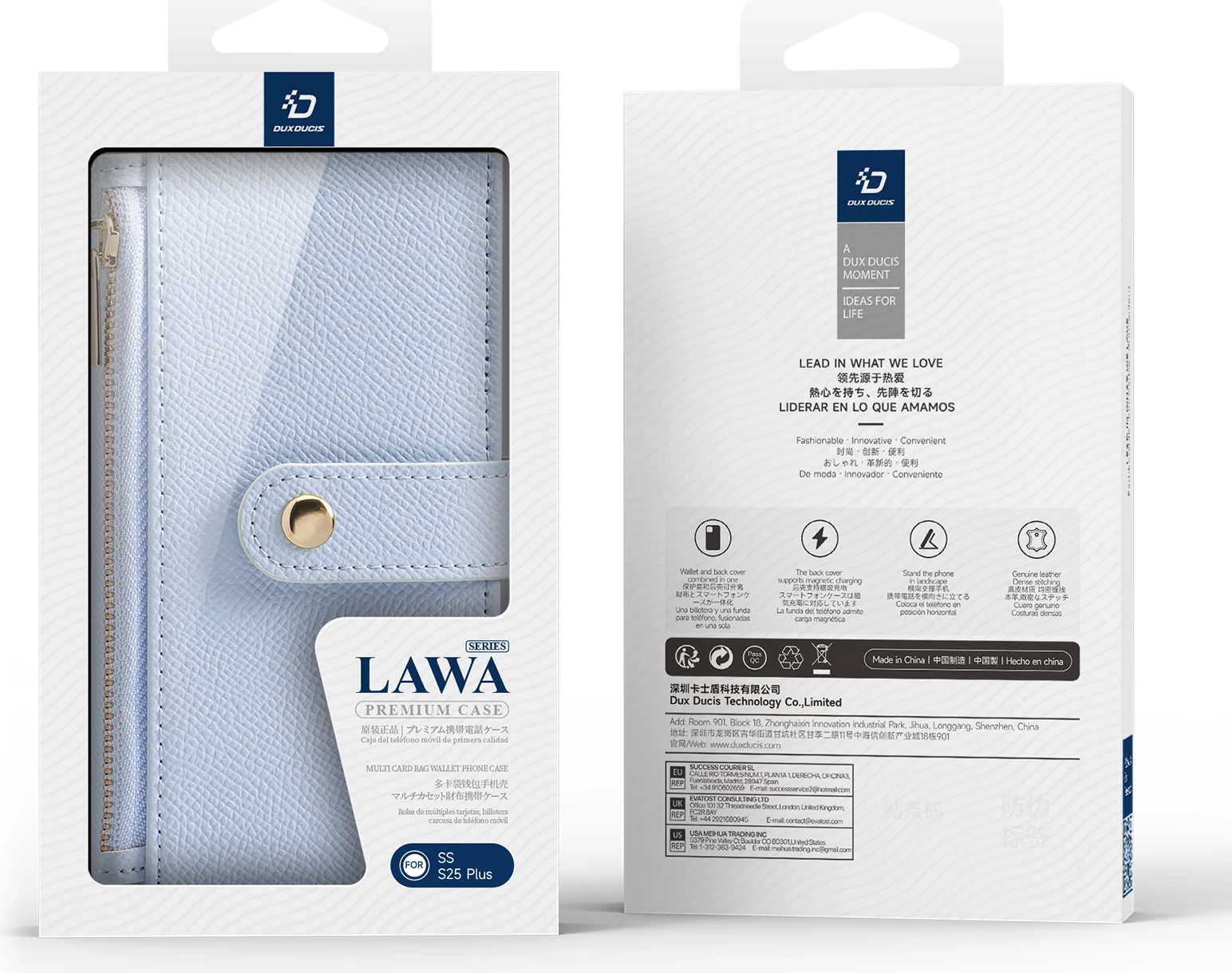 Mbështjellës Dux Ducis Lawa për Samsung Galaxy S25+, lëkurë, me portofol magnetik të ndashëm, kaltër